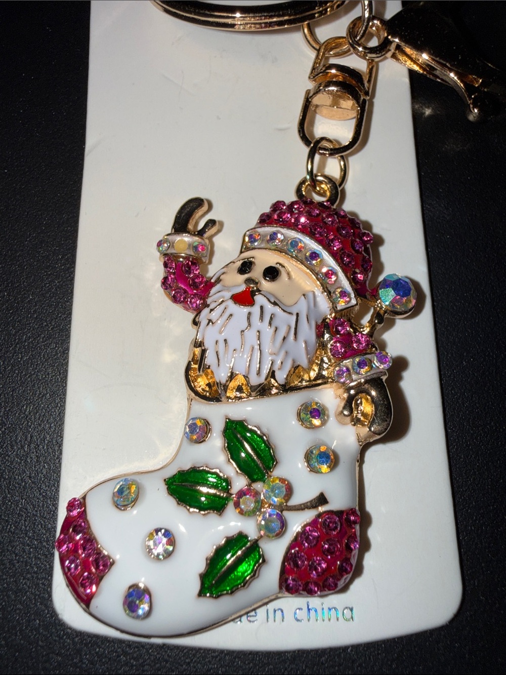 Holiday Pink Santa Stocking Key & Card Holder Charm